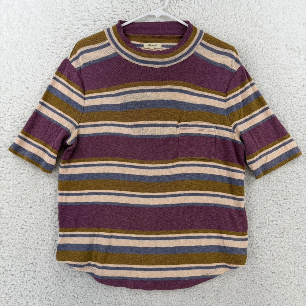 Madewell Shirt Womens XL Multicolor Stripe Mock Neck Short Sleeve Pocket Tee Top